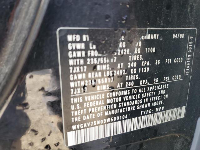 WVGAV75N09W500104 - 2009 VOLKSWAGEN TIGUAN S BLACK photo 12