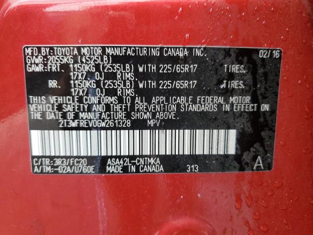2T3WFREV0GW261328 - 2016 TOYOTA RAV4 XLE RED photo 13