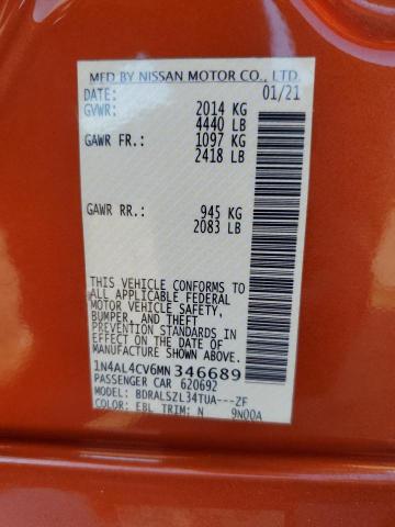 1N4AL4CV6MN346689 - 2021 NISSAN ALTIMA SR 橙色 照片 12