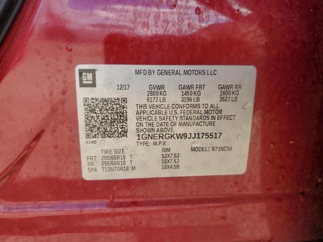 1GNERGKW9JJ175517 - 2018 CHEVROLET TRAVERSE LT 红色 照片 13