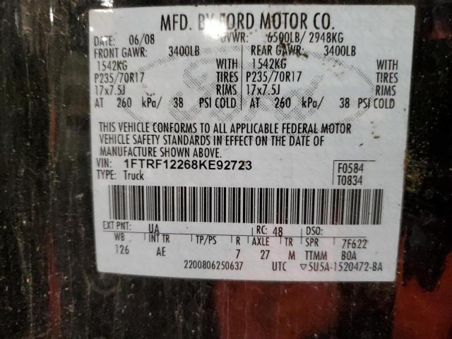 1FTRF12268KE92723 - 2008 FORD F150 BLACK photo 12