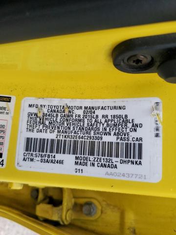 2T1KR32E64C293309 - 2004 TOYOTA COROLLA MA XR YELLOW photo 12