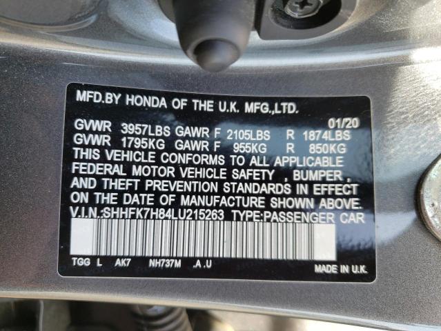 SHHFK7H84LU215263 - 2020 HONDA CIVIC EXL Գրաֆիտ լուսանկար 12