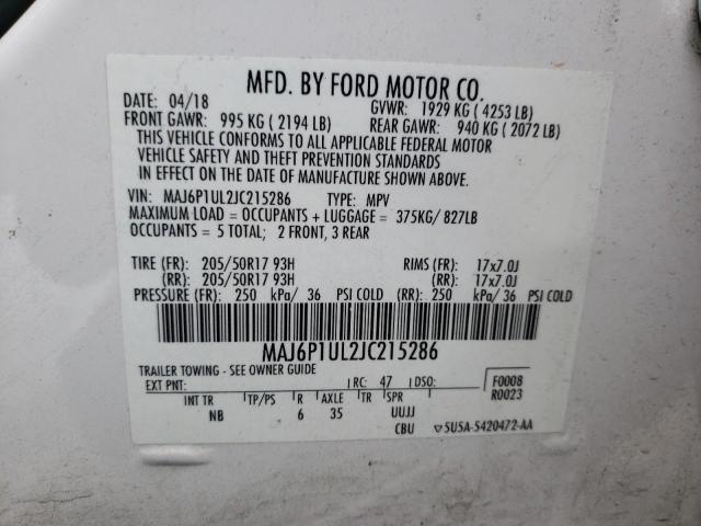 MAJ6P1UL2JC215286 - 2018 FORD ECOSPORT SE WHITE photo 13