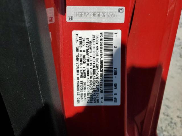 1HGEM21985L026596 - 2005 HONDA CIVIC EX RED photo 12
