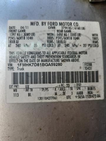 1FMHK7D81BGA59280 - 2011 FORD EXPLORER XLT SILVER photo 13