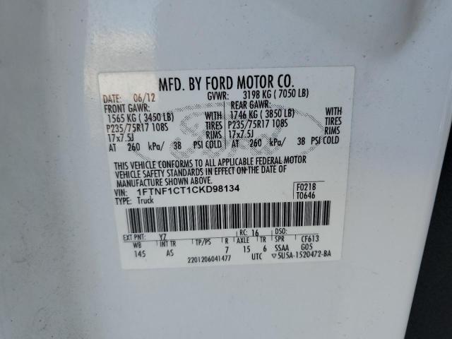 1FTNF1CT1CKD98134 - 2012 FORD F150 WHITE photo 12