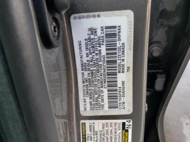 2T1KR32E94C215543 - 2004 TOYOTA COROLLA MA XR GRAY photo 13