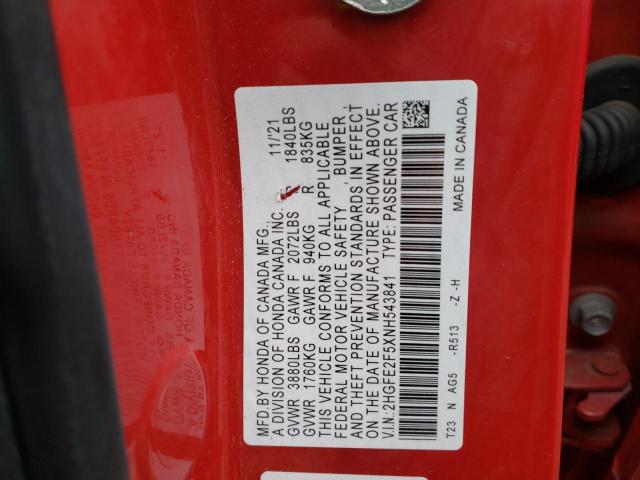 2HGFE2F5XNH543841 - 2022 HONDA CIVIC SPORT 红色 照片 12