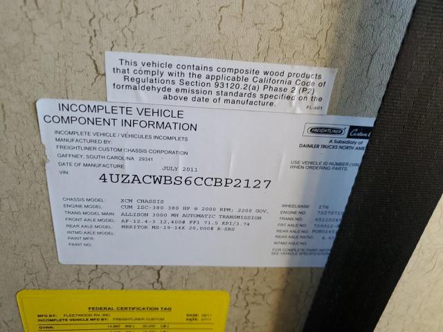 4UZACWBS6CCBP2127 - 2012 FREIGHTLINER CHASSIS XC ორფეროვანი ფოტო 10