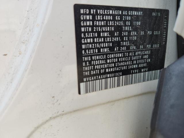WVGAV7AX6FW601926 - 2015 VOLKSWAGEN TIGUAN S 白色 照片 12