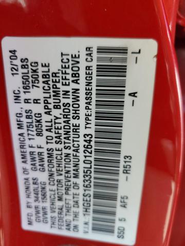 1HGES16335L012643 - 2005 HONDA CIVIC DX VP Rot Foto 12