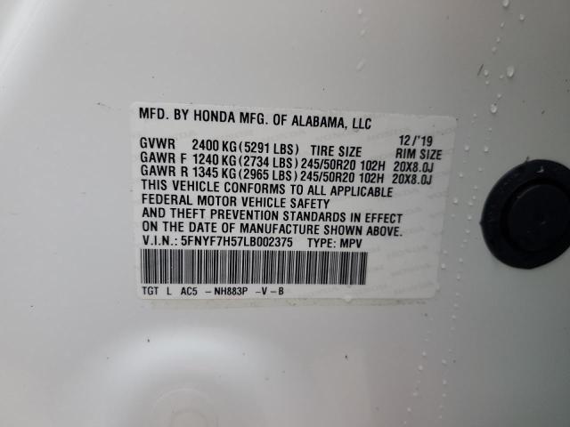 5FNYF7H57LB002375 - 2020 HONDA PASSPORT EXL WHITE photo 13