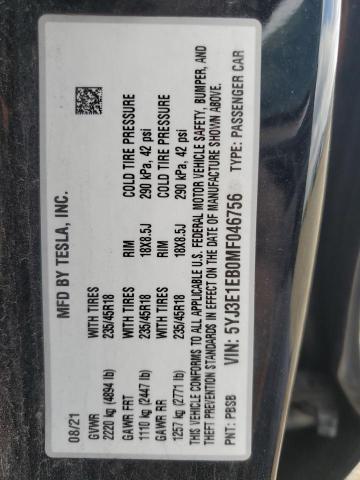 5YJ3E1EB0MF046756 - 2021 TESLA MODEL 3 Սև լուսանկար 12