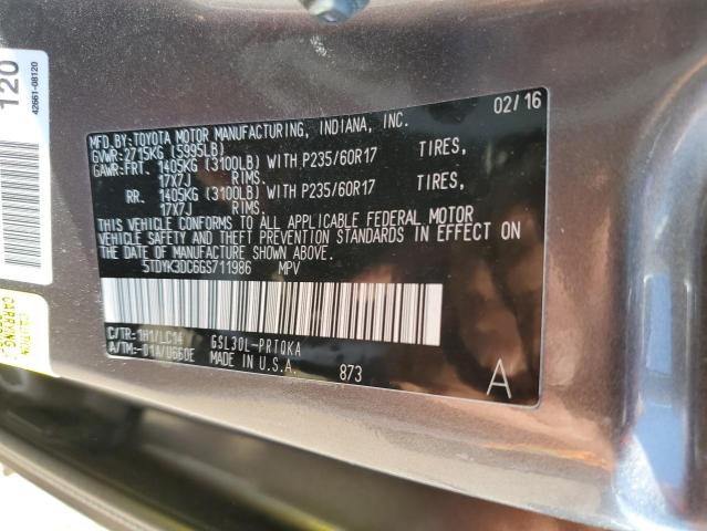 5TDYK3DC6GS711986 - 2016 TOYOTA SIENNA XLE 灰色 照片 13