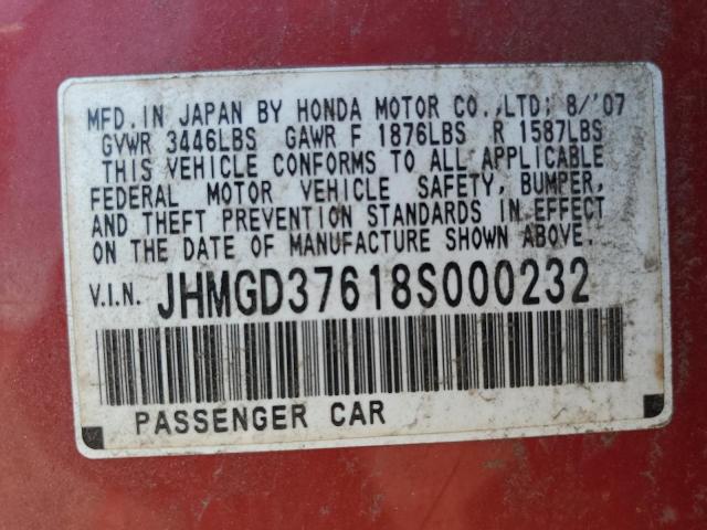 JHMGD37618S000232 - 2008 HONDA FIT SPORT 红色 照片 12