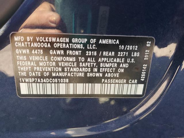 1VWBP7A34DC051038 - 2013 VOLKSWAGEN PASSAT SE ლურჯი ფოტო 13