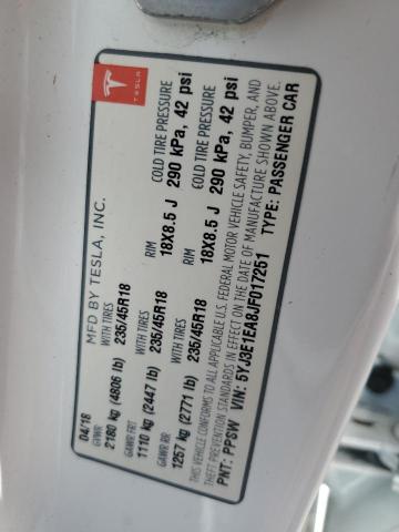 5YJ3E1EA8JF017251 - 2018 TESLA MODEL 3 Սպիտակ լուսանկար 12