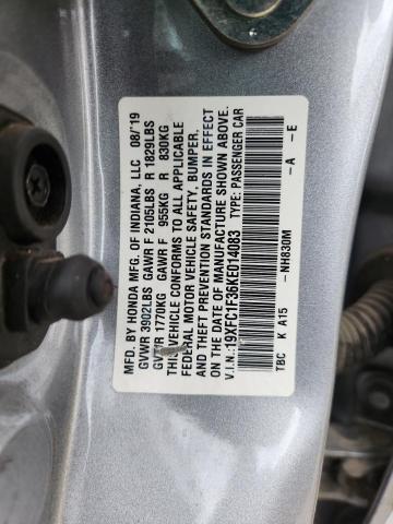 19XFC1F36KE014083 - 2019 HONDA CIVIC EX SILVER photo 12