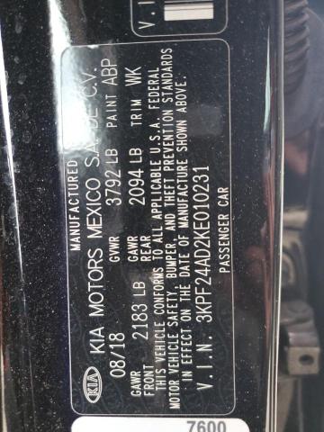 3KPF24AD2KE010231 - 2019 KIA FORTE FE BLACK photo 12