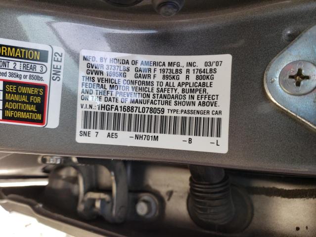 1HGFA16887L078059 - 2007 HONDA CIVIC EX GRAY photo 12