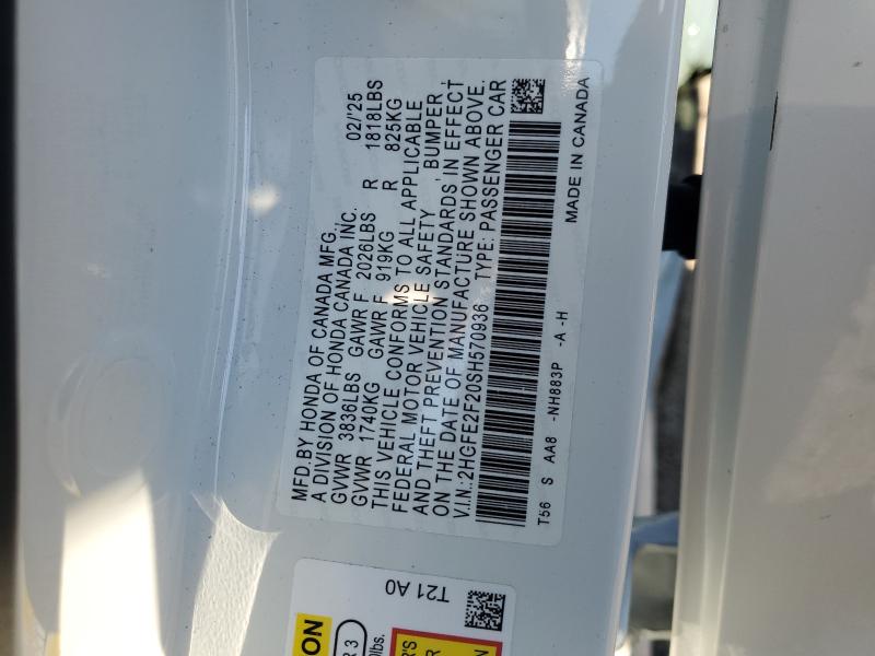 2HGFE2F20SH570936 - 2025 HONDA CIVIC LX Biały zdjęcie 13