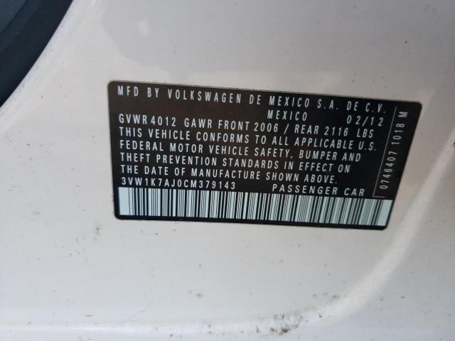 3VW1K7AJ0CM379143 - 2012 VOLKSWAGEN JETTA BASE 白色 照片 12