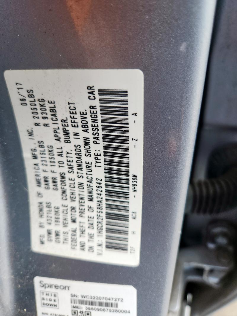 1HGCR2F58HA242642 - 2017 HONDA ACCORD SPORT 银色 照片 12