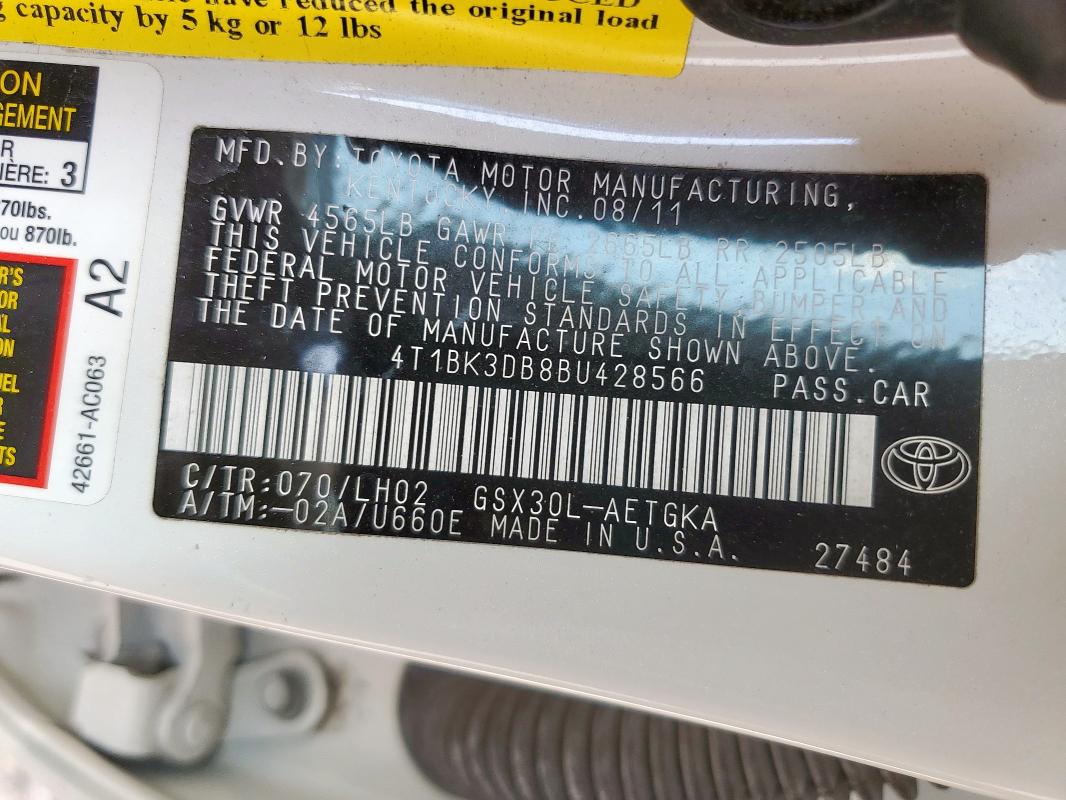 4T1BK3DB8BU428566 - 2011 TOYOTA AVALON BASE Белый фото 12