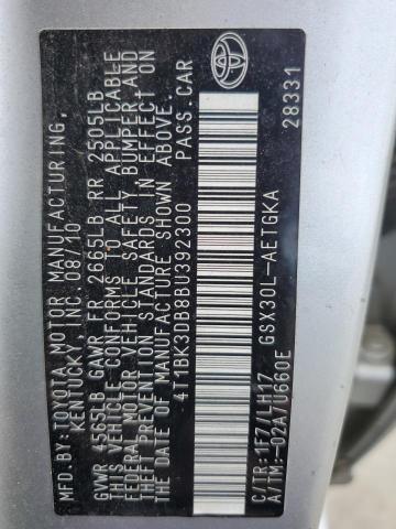 4T1BK3DB8BU392300 - 2011 TOYOTA AVALON BASE 银色 照片 12