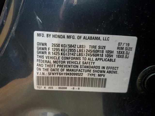 5FNYF6H19KB099522 - 2019 HONDA PILOT LX ლურჯი ფოტო 13