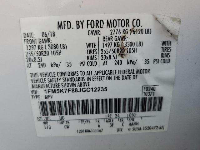 1FM5K7F88JGC12235 - 2018 FORD EXPLORER LIMITED 白色 照片 14