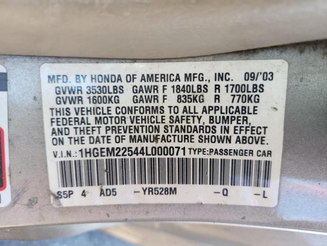 1HGEM22544L000071 - 2004 HONDA CIVIC LX GOLD photo 13