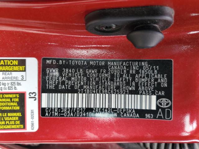 2T1BU4EE9BC625921 - 2011 TOYOTA COROLLA BASE 红色 照片 12