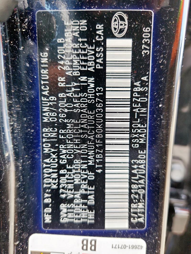 4T1BZ1FB0KU036713 - 2019 TOYOTA AVALON XLE Черный фото 12