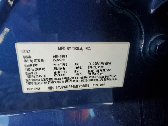 5YJYGDEE4MF256501 - 2021 TESLA MODEL Y Mavi fotoğraf 12