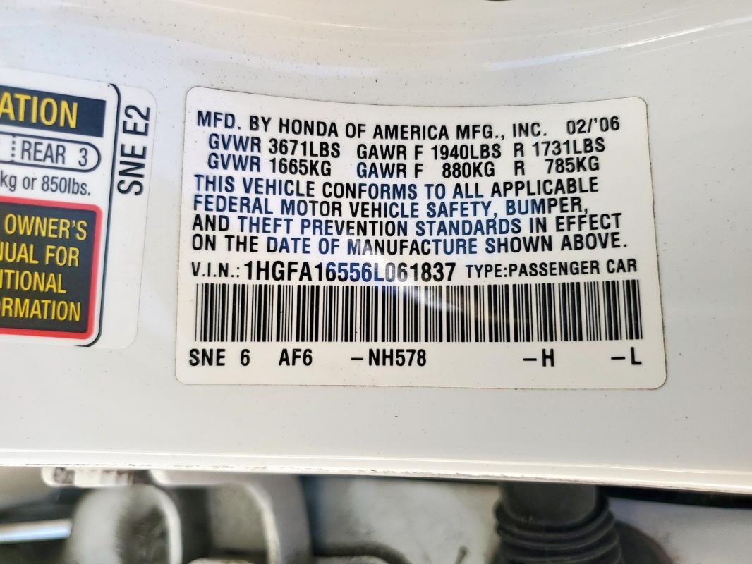 1HGFA16556L061837 - 2006 HONDA CIVIC LX 白色 照片 12