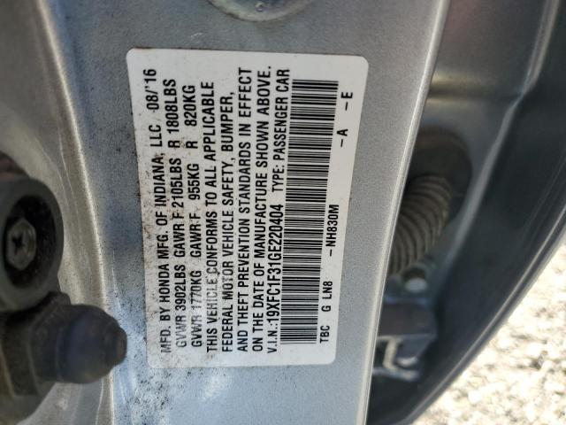 19XFC1F31GE220404 - 2016 HONDA CIVIC EX SILVER photo 12