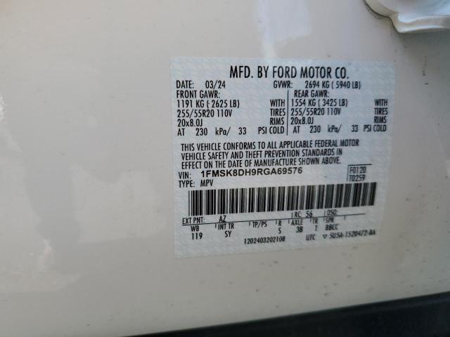 1FMSK8DH9RGA69576 - 2024 FORD EXPLORER XLT WHITE photo 13
