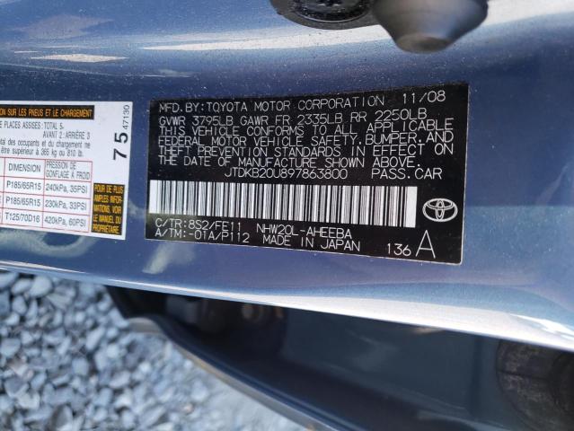 JTDKB20U897863800 - 2009 TOYOTA PRIUS BLUE photo 12