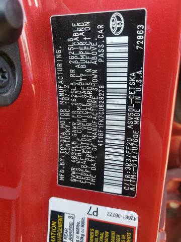 4T1BF1FK7CU628278 - 2012 TOYOTA CAMRY BASE RED photo 12