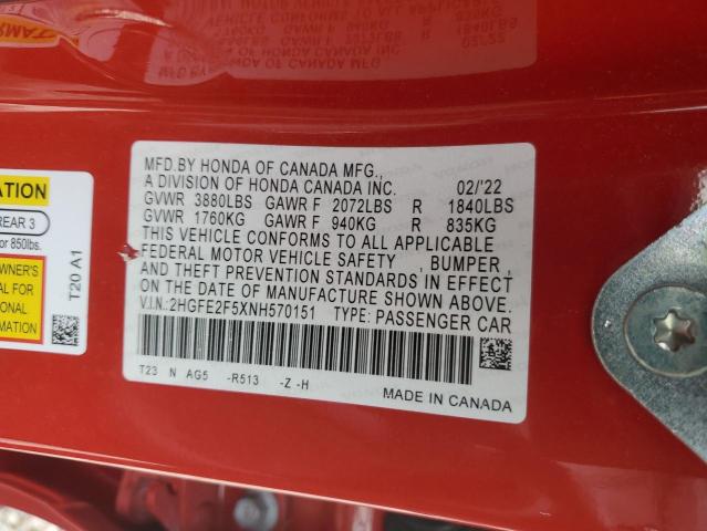 2HGFE2F5XNH570151 - 2022 HONDA CIVIC SPORT RED photo 12