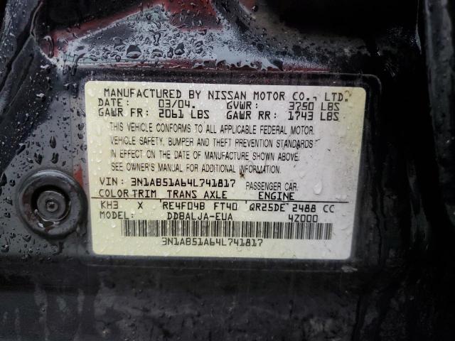 3N1AB51A64L741817 - 2004 NISSAN SENTRA 2.5S BLACK photo 12