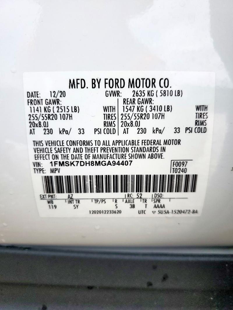 1FMSK7DH8MGA94407 - 2021 FORD EXPLORER XLT WHITE photo 14