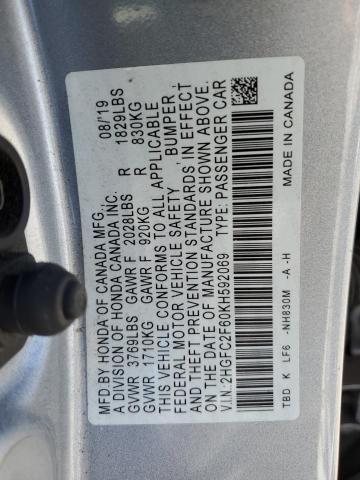 2HGFC2F60KH592069 - 2019 HONDA CIVIC LX SILVER photo 12