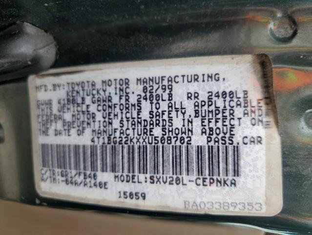 4T1BG22KXXU508702 - 1999 TOYOTA CAMRY CE მწვანე ფოტო 12