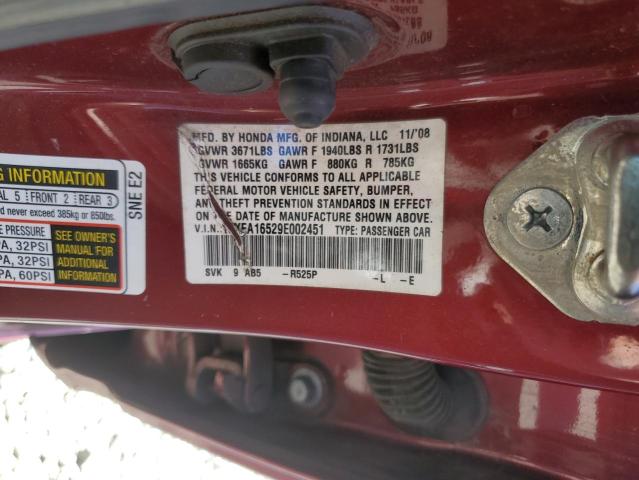 19XFA16529E002451 - 2009 HONDA CIVIC LX BURGUNDY photo 12