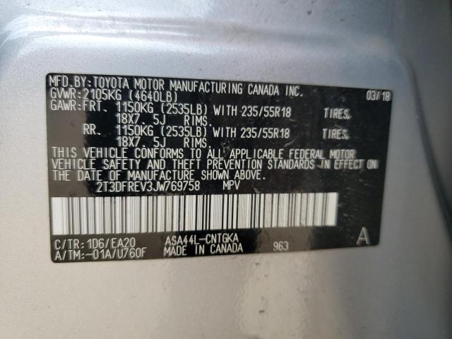 2T3DFREV3JW769758 - 2018 TOYOTA RAV4 LIMITED SILVER photo 12