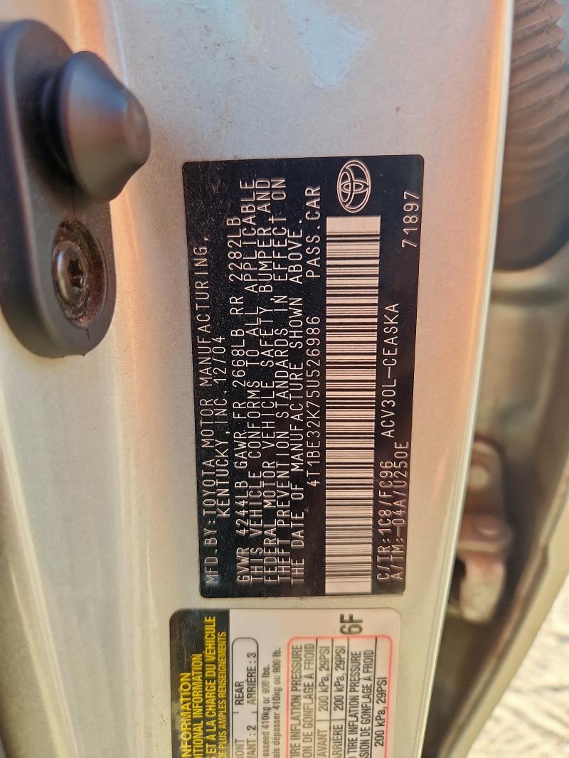 4T1BE32K75U526986 - 2005 TOYOTA CAMRY LE SILVER photo 12