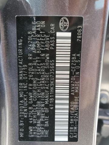 4T1B11HK9KU735665 - 2019 TOYOTA CAMRY L ნაცრისფერი ფოტო 13